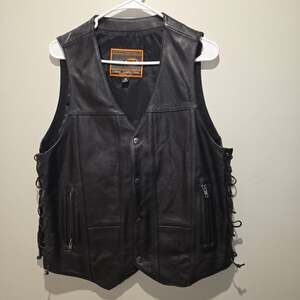 First Classics Leather Gear Men's Black Leather Motorcycle Vest with Side Laces